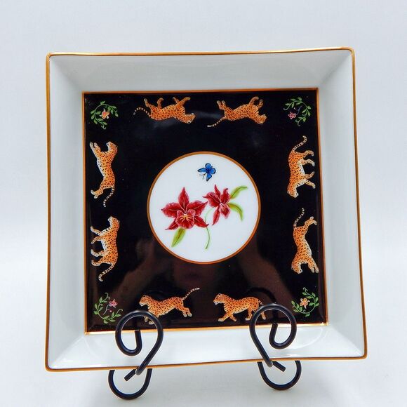 Lynn Chase JAGUAR JUNGLE Square Serving Bowl 9 Inch 24K Gold 1988 Japan Orchid - Picture 1 of 13